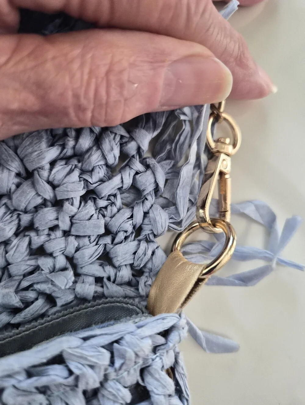 Lisi Lerch Blue Crocheted Raffia Fringe Crossbody Bag